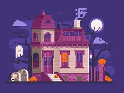 Halloween Haunted House Scene flat design ghost halloween haunted house mansion old scene victorian