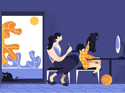 caring mother 2d ball cat child house illustration mirror spit stool sun toy tree