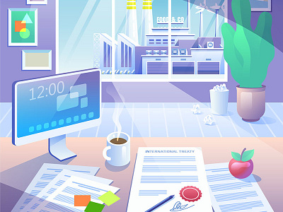 Illustration for a work-in-progress animation. Coming soon! computer desk office