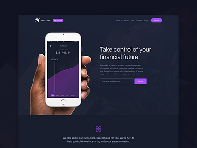 Spaceship Concept Homepage astronaut finance fintech hero home invest landing purple space spaceship superannuation