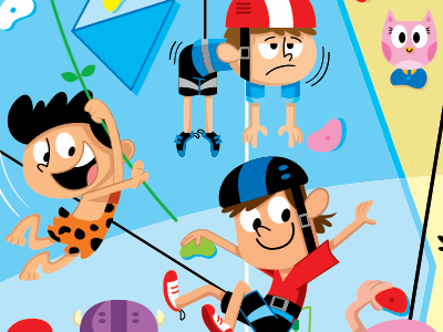 INDOOR ROCK CLIMBING adobeillustrator cartooncharacters characterdesign climbing illustration indoor jonathanmiller kidsbooks kidslitart millertoons rock