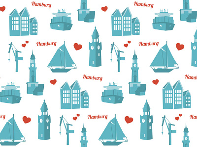 Hamburgpattern blue boat hometown city digital germany hamburg house illustration landmark pattern vector