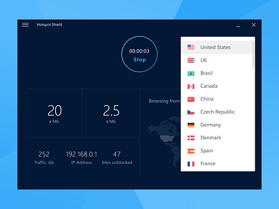 Hotspot Shield for Windows app dashboard desktop dropdown security shield vpn windows