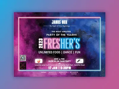 Janus Nox - Fresher Party Poster adobe blue design gameing glow glowing graphic design illustration neon party pink poster theme vector