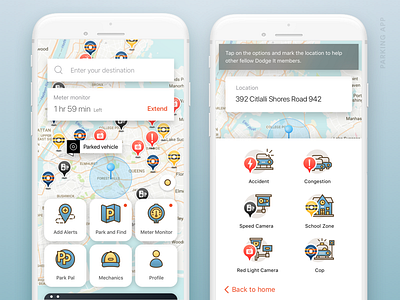 Parking And Navigation App Ui/Ux gps icons interface live location map mechanic parking timer traffic