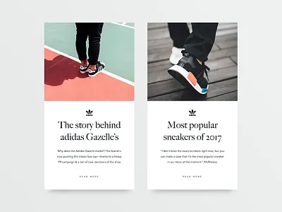 Sneakers blog– article cards adidas blog design graphicdesign minimal sneakers typography ui ux website