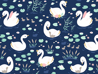 Swan Princess bedding children fabric flowers illustration lake navy pattern princess repeat swan textile