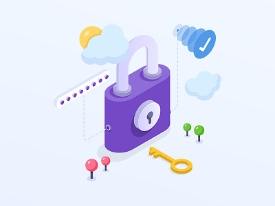 Set password - Isometric illustration 3d check cloud isometric key lock login password register sun