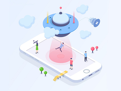 Create Team - Isometric Illustration 3d cloud isometric people phone spaceship team trees ufo