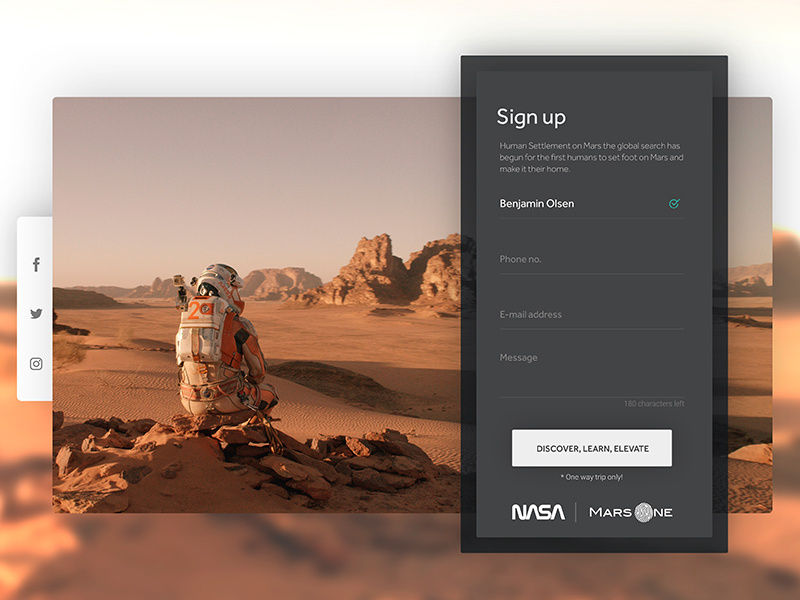Example of Mars One Way Ticket Sign Up Modal