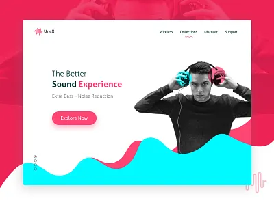 UneX Headphones branding colors cool headphones interactive landingscreen music soundwaves ui