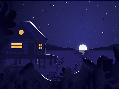 Lake House cabin design house illustration lake moon mountains plants twilight vector