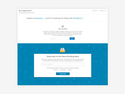 Cognitionx.io ai blue dropdown landing page newsletter pattern ui user friendly web design