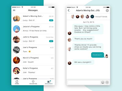 Message screens for a pregaming app chat message social