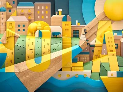 Hello World! 3d art city contructivism football low poly render sea type typography wood