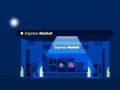 Gas Station Cafe.. advertisement cafe gas station glow graphic illustration lights moon neon night sign vector