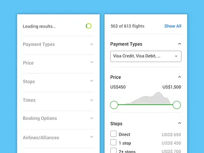 Collapsible Filters with Search Status filter flights interaction design loading search slider travel ui ux web