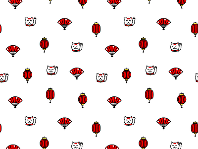 Pattern with lucky Maneko-Neko cat asian cat chinese fan japanese lantern maneki maneki neko manekineko neko oriental pattern