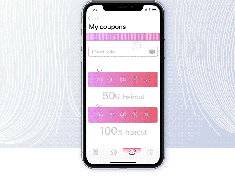 coupons screen for Cutme App animation app coupon design hair haircut interaction mobile principle screen ui ux