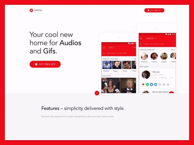 Samosa – Landing Page Interaction android audios gifs landing material menu samosa social