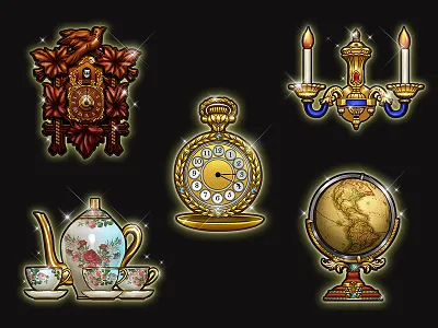 Antique Set 1 antique candle cuckoo clock game globe illustration pocket watch tea set