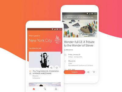 Eventbrite App - Feed & Event Listing andorid card cards event gradient home icon image swoosh ui