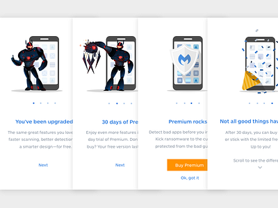 Malwarebytes for Android Mobile Onboarding apps blue button celebrate confetti cta icons phone protect protection robot shield