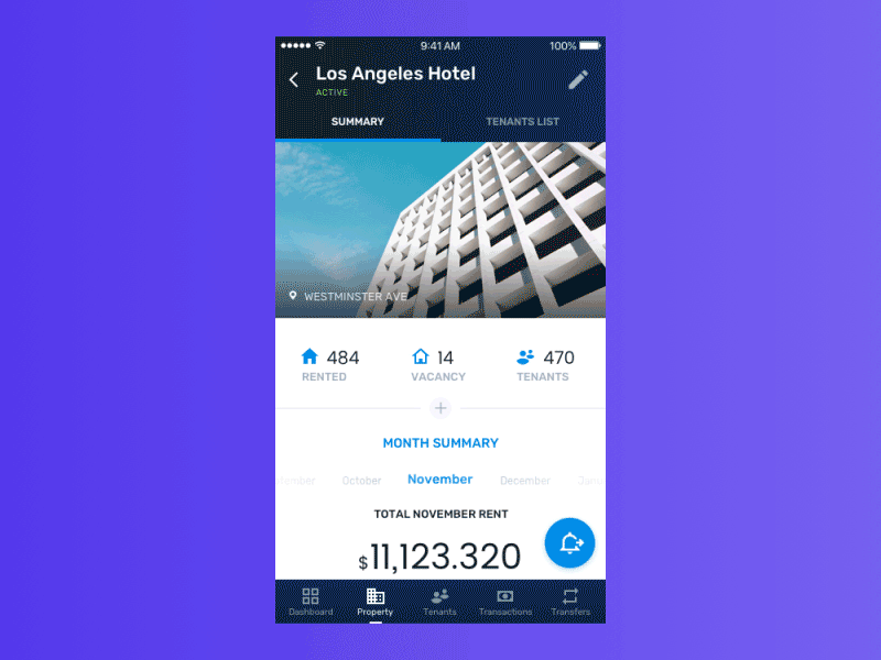 Fab animation dashboard design fab gradient house management mobile property rent responsive room ui