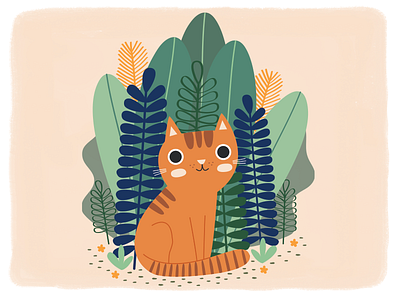 Cat In The Garden botanical cat character design garden illustration kitty leaves