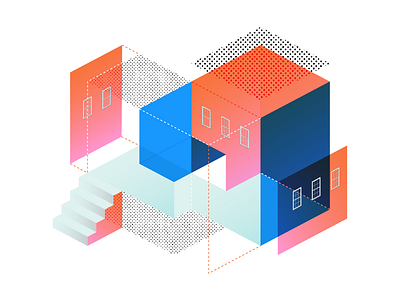 House of Glass architecture blueprint building deconstructed glass grid house illustration isometric transparent windows