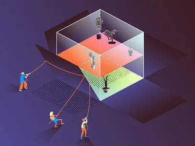 Glass Box architecture blueprint box deconstructed glass grid isometric revealing see through transparent unboxing