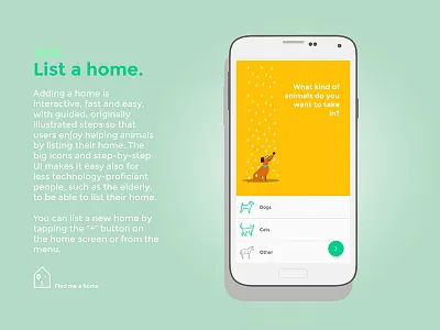 Create a new listing - Register process made fun android app features home illustration list material design mobile pets published register