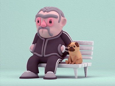 Autumn walk 3d bench c4d clay grandpa illustration pug walk