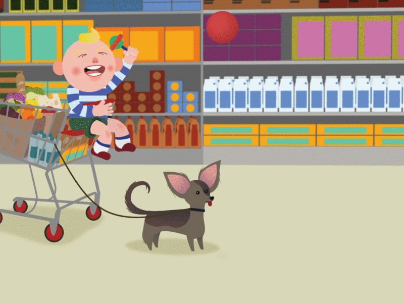 Supermarket 2d animation baby dad design illustration motion running supermarket