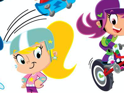 X-TREME GIRLS bmx characterdesign extremesports girls illustration jonathanmiller kidsbooks kidslitart millertoons rollerblading skateboarding snowboarding