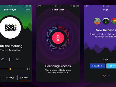 Musical Mobile UI Kit app identification ios justui login mobile music musical player radio screens ui kit