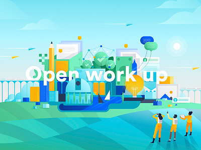 Open Work Up business city gradient illustration productivity skyline team work