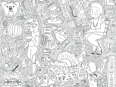 Australiana themed illustration - bottom half australia ayers rock black and white doodles drawing illustration koala line art pencil sydney
