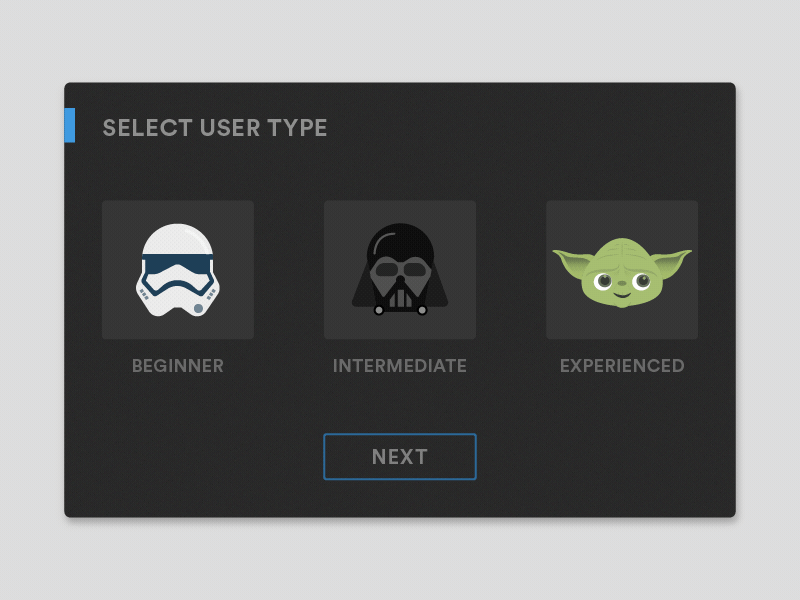 Daily UI #64 User type Design - Star wars version black dailyui dark darth vader design. nerd star wars stormtrooper ui user user type yoda