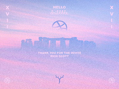 Hello Dribbble antlers countryside dribble fog hello invite jrdickie landscape logo stag stonehenge sunrise