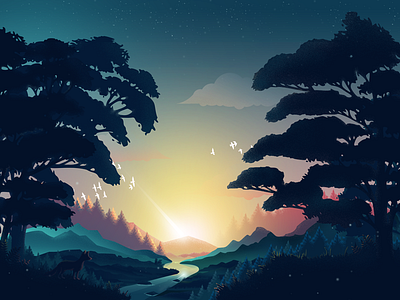 Meteorite fall dove forest fox gradient illustration meteor