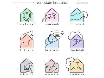 Real estate insurance building fire flood home house icon insurance property real estate set theft wind