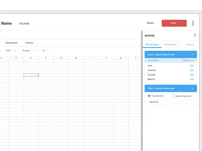 Spreadsheet - filter/facet big data csv data dataset excel facet filter sidebar spreadsheet ui ux
