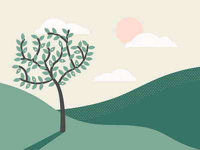 Sunny day in Val di Sole green illustration italia italy landscape nature pink sun tree trentino