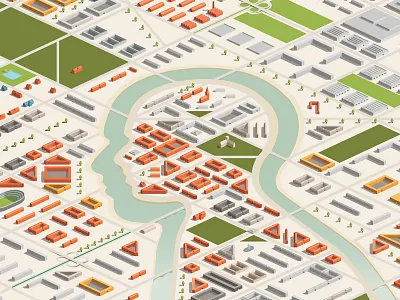 Iso Head architecture city colorful head illustration isometric ngo