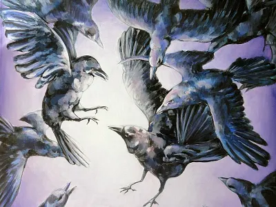 The Crows acrylic birds black brush canvas crows hand made light oil paintig purple