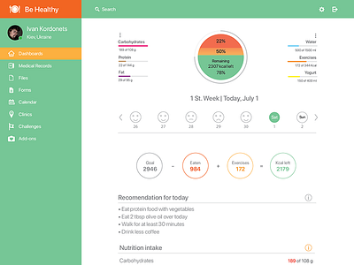 MVP for nutrition app Be Healthy dashboard e cabinet healthy app icons nutrition saas ui ux