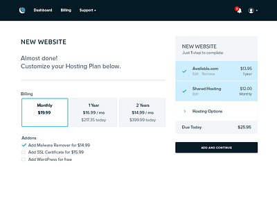 Buy Web Hosting cart dashboard interface minimal onboarding panel ui ux