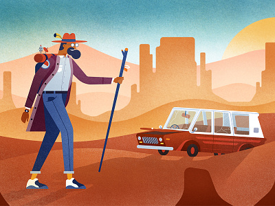 Desert Wanderer car character characterdesign explorer gradient illustration mountain sand scene sky sun texture