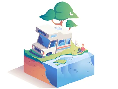 Fisherman & Old Camper abandoned camper car fisherman illustration isometric lake van